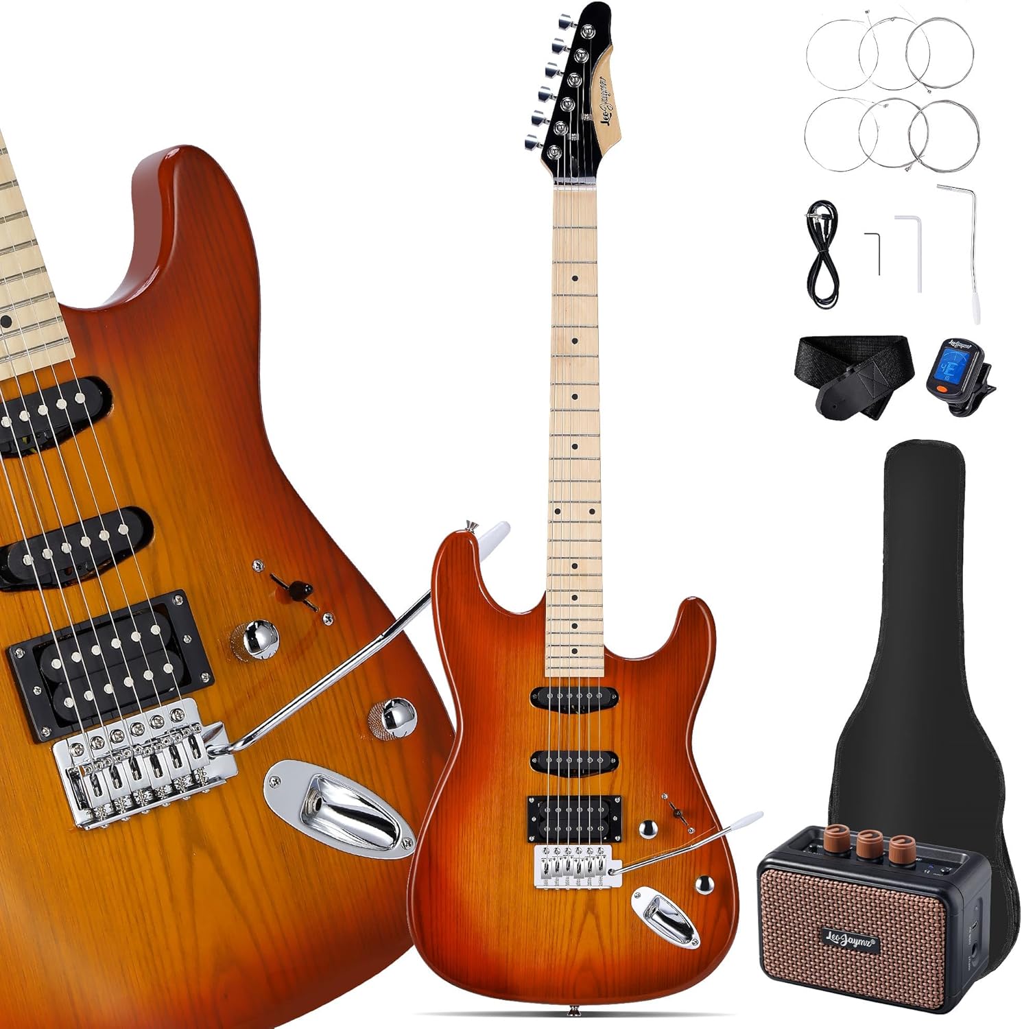 Leo Jaymz 39 Inch Full Size Electric Guitar Kit Electric Guitar Beginner Kits - Portable Amp,Digital Tuner,Gig Bag,Strap,Cable(Cherry Sunburst)