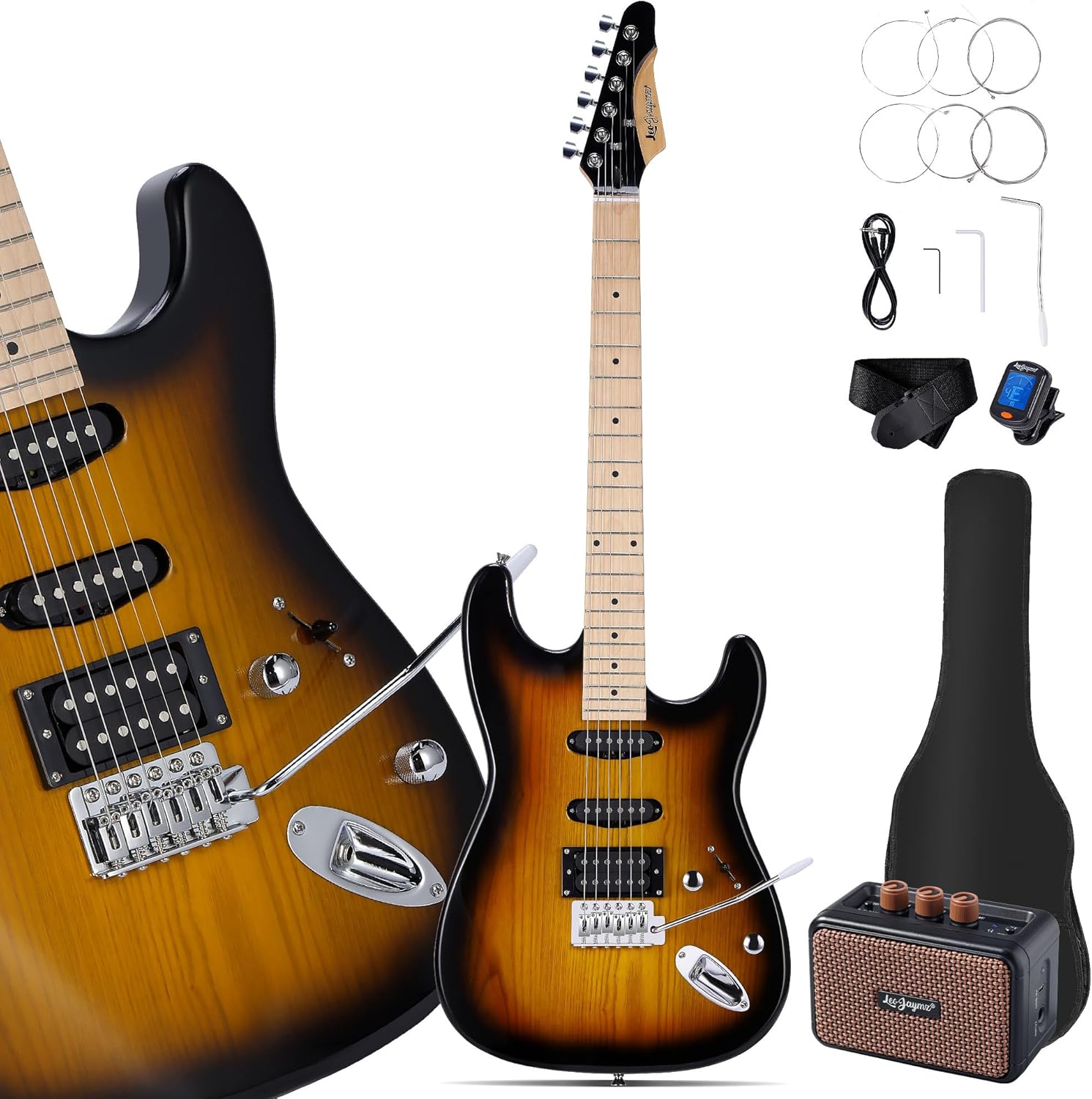 Leo Jaymz 39 Inch Full Size Electric Guitar Kit Electric Guitar Beginner Kits - Portable Amp, Digital Tuner, Gig Bag, Strap, Cable (Sunburst)