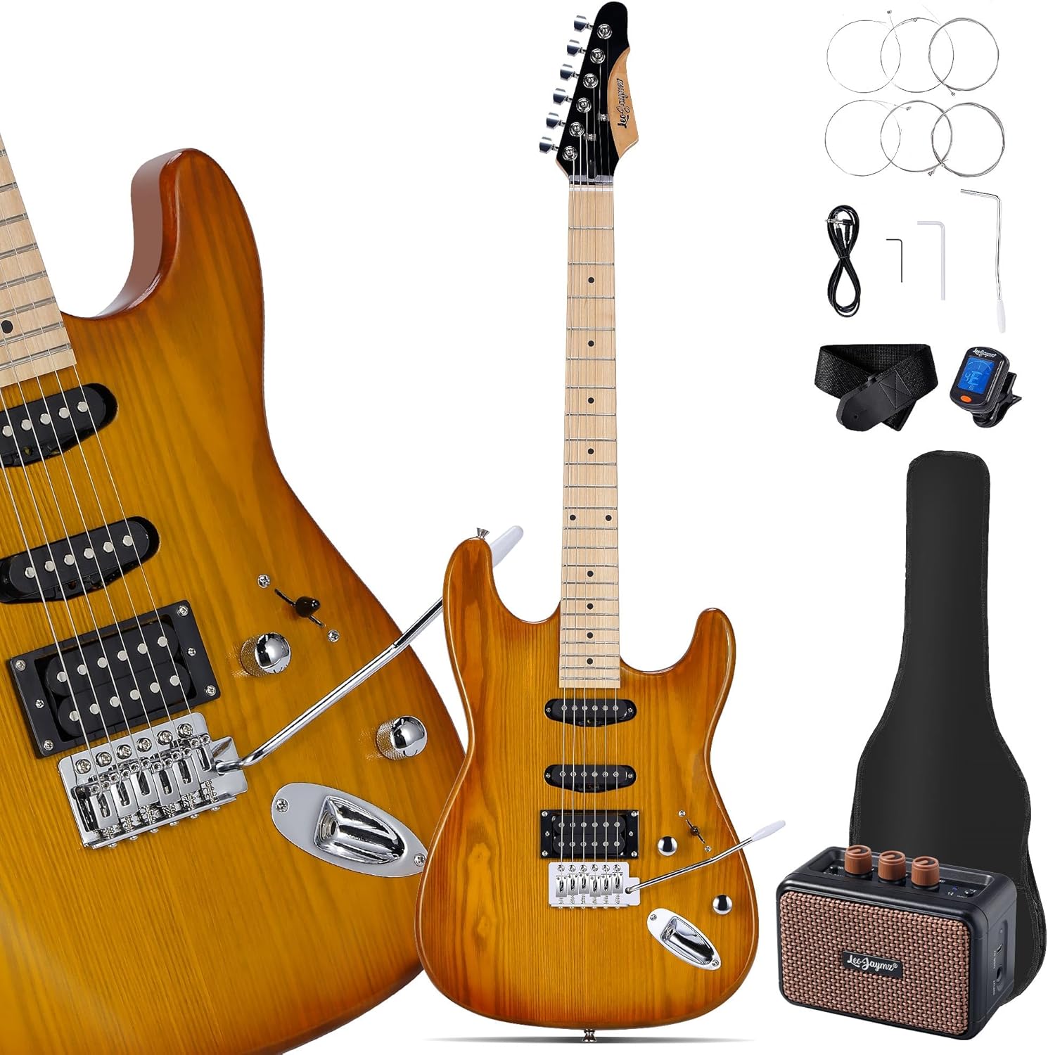 Leo Jaymz 39 Inch Full Size Electric Guitar Kit Electric Guitar Beginner Kits - Portable Amp,Digital Tuner,Gig Bag,Strap,Cable (Vinatage Sunburst)